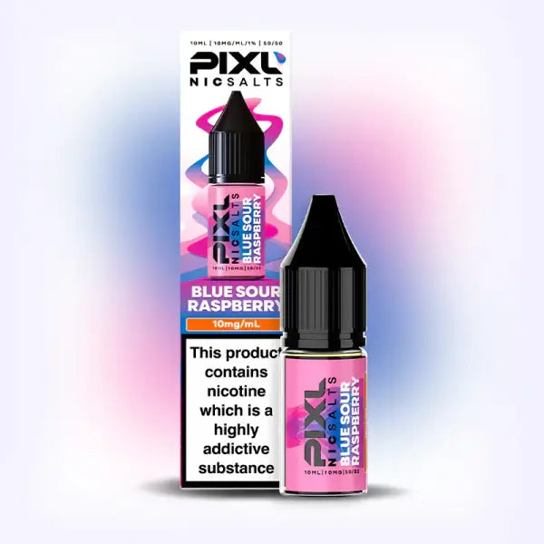 Pixl NicSalts Blue Sour Raspberry vape juice bottle and packaging on a gradient background