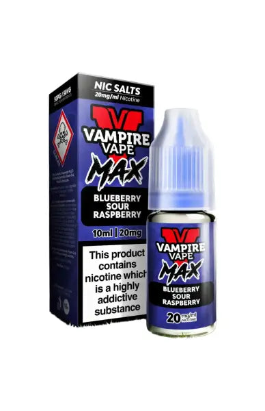 Vape Juice Bottle with Box, Blue in colour with the brand Vampire Vape Max on and Flavour Blueberry Sour Raspberry