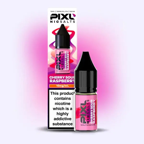 Pixl Nic Salts Cherry Sour Raspberry e-liquid bottle and packaging on a pink gradient background