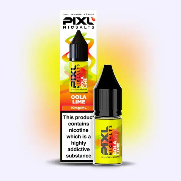 PIXL Nicsalts Cola Lime e-liquid bottle with packaging on a gradient background