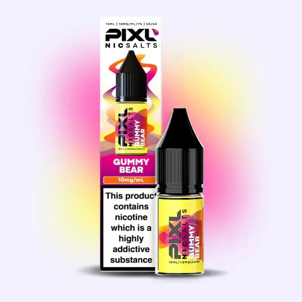 Pixl Nicsalts Gummy Bear vape juice bottle and packaging on a gradient background