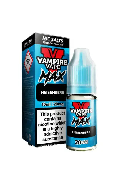 Vape Juice Bottle with Box, Blue in colour with the brand Vampire Vape Max on and Flavour Heisenberg