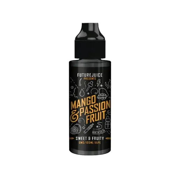 Black bottle of E-liquid, on white background with Text Mango & Passion fruit