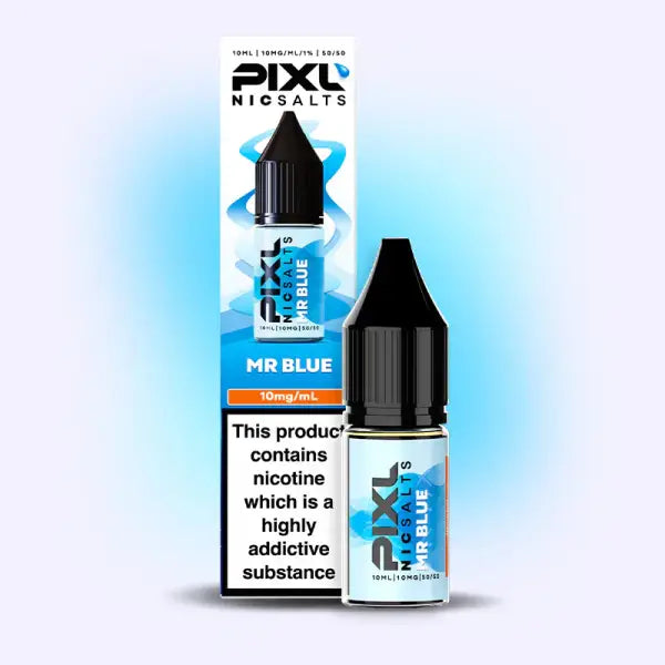Pixl Nic Salts MR Blue vape juice bottle and packaging on a gradient blue background