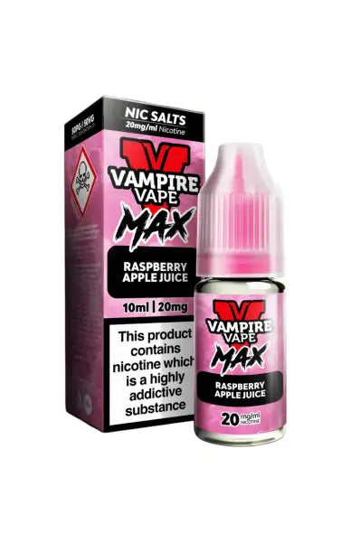 Vape Juice Bottle with Box, Pink in colour with the brand Vampire Vape Max on and Flavour Raspberry apple juice