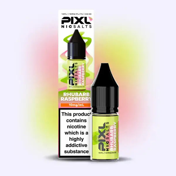 Pixl Nic Salts Rhubarb Raspberry e-liquid bottle and packaging on a gradient background