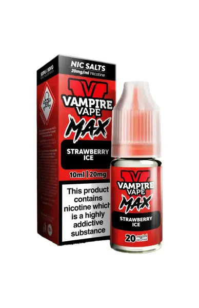 Vape Juice Bottle with Box, Red in colour with the brand Vampire Vape Max on and Flavour Strawberry Ice