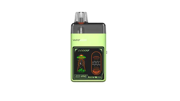 Green square vape pod kit with screen on a white background