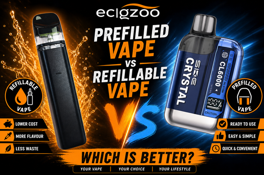 Comparison advertisement between prefilled and refillable vape devices with ecigzoo branding.