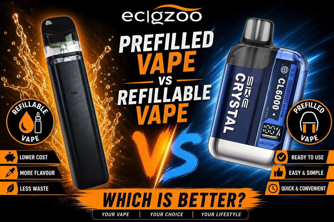 Comparison advertisement between prefilled and refillable vape devices with ecigzoo branding.
