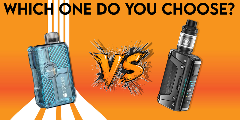 Pod vape kit and large DL kit on an orange background