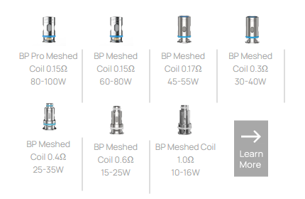 Aspire BP Range of Coils with recommended watts