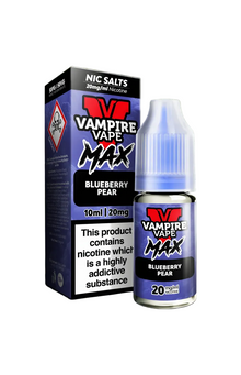 Vape Juice Bottle with Box, Purple in colour with the brand Vampire Vape Max on and Flavour Blueberry Pear
