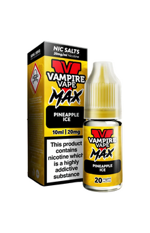 Vape Juice Bottle with Box, Yellow in colour with the brand Vampire Vape Max on and Flavour Pineapple Ice