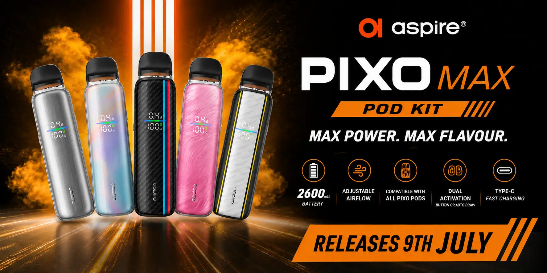 The aspire pixo max pod kit features sleek, cylindrical designs in metallic silver, iridescent blue, black carbon fiber, vibrant pink, and gold accents.