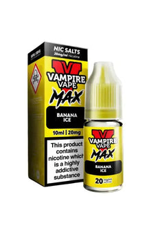Vape Juice Bottle with Box, Yellow in colour with the brand Vampire Vape Max on and Flavour Banana Ice