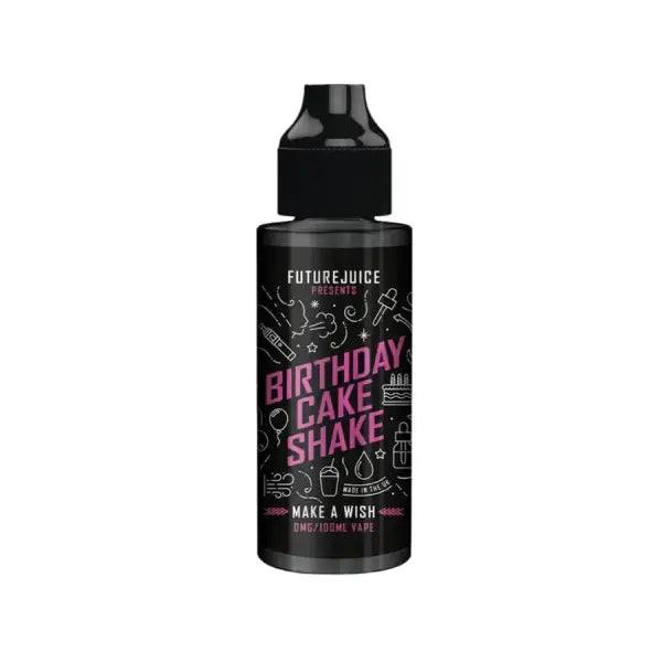 Black Bottle of E-liquid, on hite background. With test saying Birthday cake shake