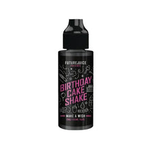 Black Bottle of E-liquid, on hite background. With test saying Birthday cake shake