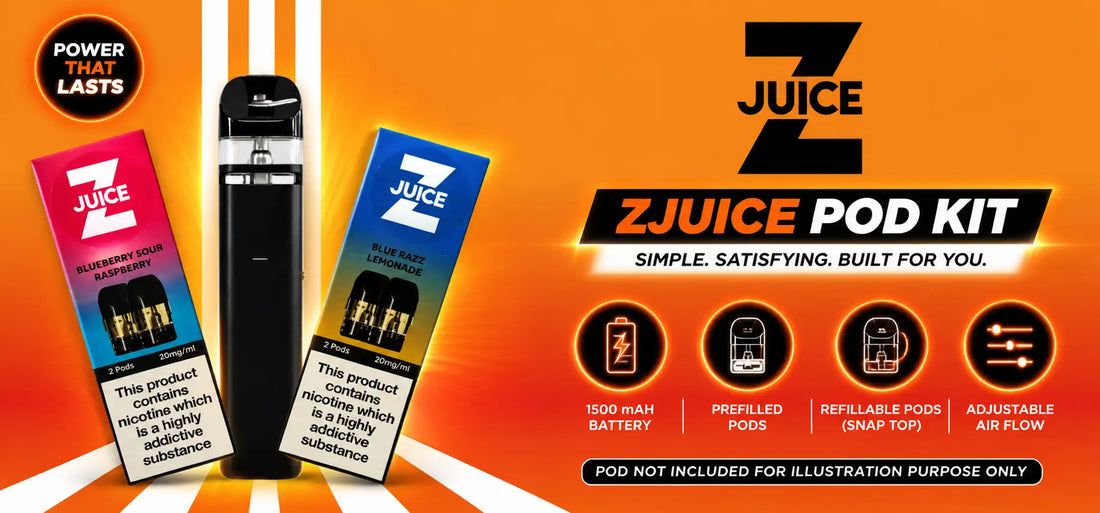 Black zjuice pod kit with a sleek, cylindrical design and transparent top section.