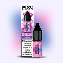 PIXL Nicsalts Blue Sour Raspberry e-liquid bottle and packaging on a gradient background