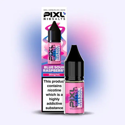 PIXL Nicsalts Blue Sour Raspberry e-liquid bottle and packaging on a gradient background