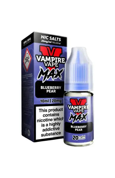 Vape Juice Bottle with Box, Purple in colour with the brand Vampire Vape Max on and Flavour Blueberry Pear