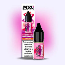 Pixl Nic Salts Cherry Sour Raspberry e-liquid bottle and packaging on a pink gradient background
