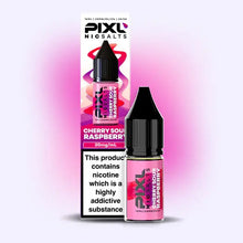 Pixl Nic Salts Cherry Sour Raspberry e-liquid bottle and packaging on a pink gradient background