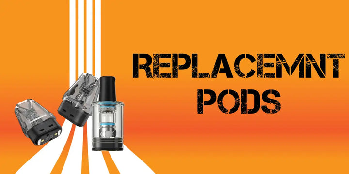 Poster with replacement vape pods pictured on orange background