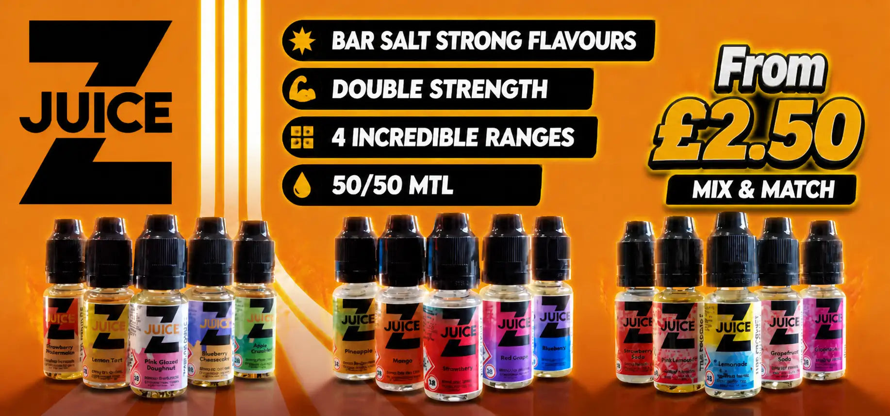 A collection of z juice e-liquid bottles in assorted vibrant colors and flavors, each with a black cap and clear glass body.