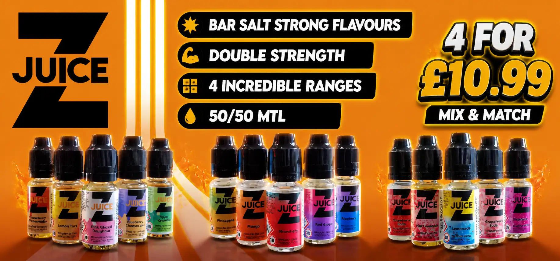 A collection of z juice e-liquid bottles in assorted vibrant colors and flavors, each with a black cap and clear glass body.