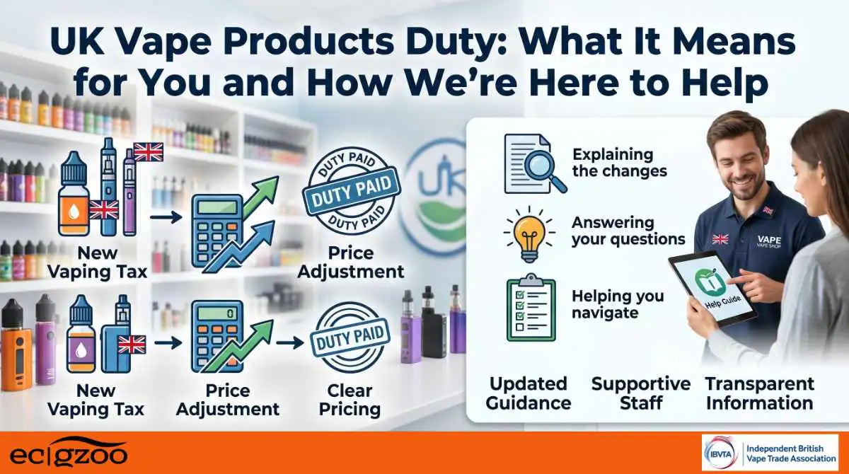 The image displays a promotional graphic for uk vape products duty, featuring illustrations of vaping devices and e-liquids alongside text explaining tax changes.