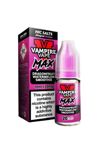 Vape Juice Bottle with Box, Purple in colour with the brand Vampire Vape Max on and Flavour Dragonfruit Watermelon Smoothie