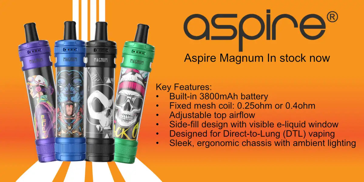 Four aspire magnum vape pens, each with a distinct color and graphic design.