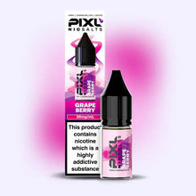 Pixl NicSalts Grape Berry e-liquid bottle and packaging on a pink and purple gradient background