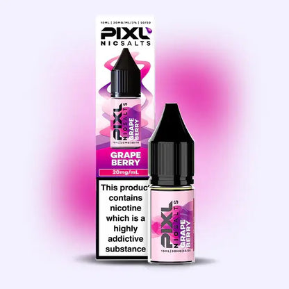 Pixl NicSalts Grape Berry e-liquid bottle and packaging on a pink and purple gradient background