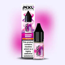 Pixl NicSalts Grape Berry vape juice bottle and packaging on a pink and purple gradient background