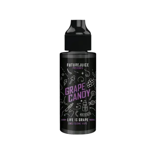 Black vape juice bottle labeled 'Grape Candy' by Future Juice on a white background