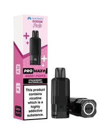 Hayati Pro Max+ Strawberry Watermelon vape pods packaging box alongside two black disposable vape devices on a plain white background.