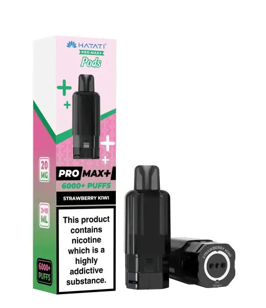 Hayati Pro Max+ Strawberry Kiwi vape pods packaging box alongside two black disposable vape devices on a plain white background.