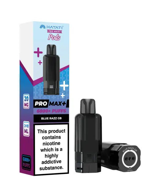 A Hayati Pro Max+ vape pod and its retail packaging box, shown on a clean white background. The vape device is black with a silver accent ring on the mouthpiece.