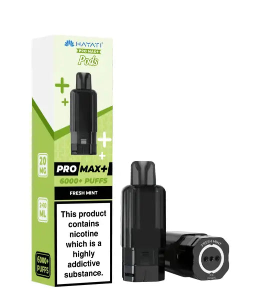 Fresh Mint Hayati Pro Max+ vape pod shown next to its green and white retail box on a plain white background.