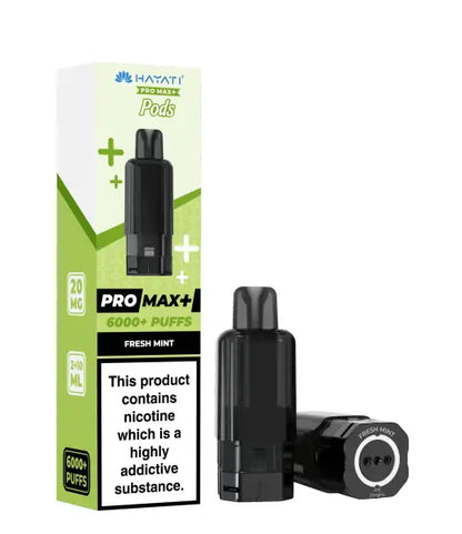 Fresh Mint Hayati Pro Max+ vape pod shown next to its green and white retail box on a plain white background.