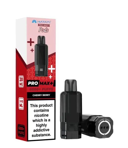 A HAYATI Pro Max+ Cherry Berry disposable vape device shown next to its retail packaging box on a solid white background.