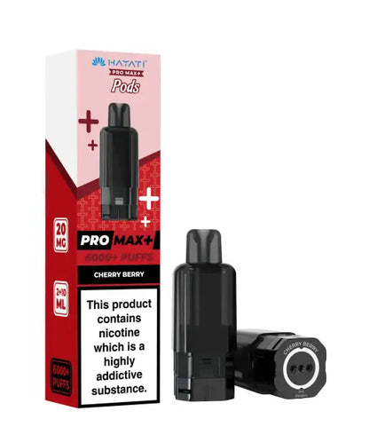 A HAYATI Pro Max+ Cherry Berry disposable vape device shown next to its retail packaging box on a solid white background.