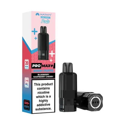 Hayati Pods Pro Max+ disposable vape device in Blueberry Raspberry Cherry flavor, shown next to its pink, blue, and white retail packaging box on a plain white background.