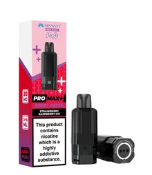 Hayati Pro Max+ Pods Strawberry Raspberry Ice disposable vape device shown next to its retail packaging box on a solid white background.