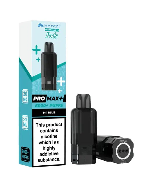 Hayati Pro Max+ Pods vape device in 'Mr Blue' flavor, shown next to its retail packaging box on a clean white background.