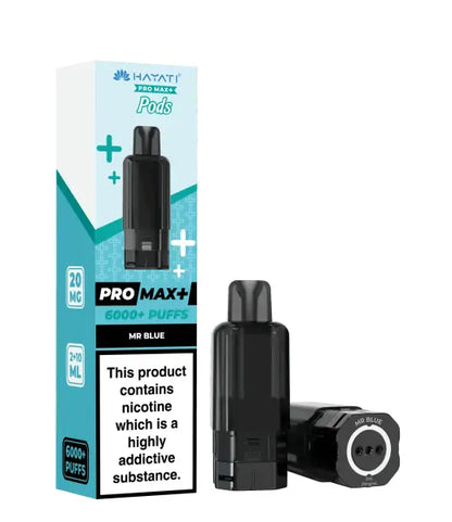 Hayati Pro Max+ Pods vape device in 'Mr Blue' flavor, shown next to its retail packaging box on a clean white background.