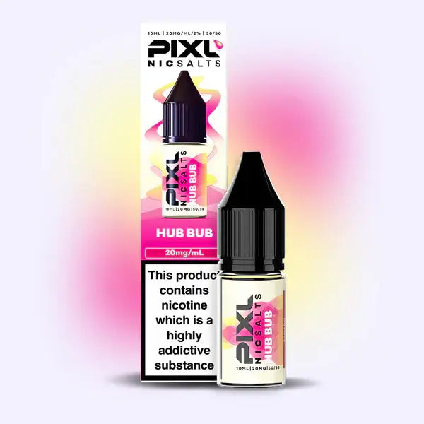 Pixl NicSalts Hub Bubble vape juice bottle and packaging on a gradient background
